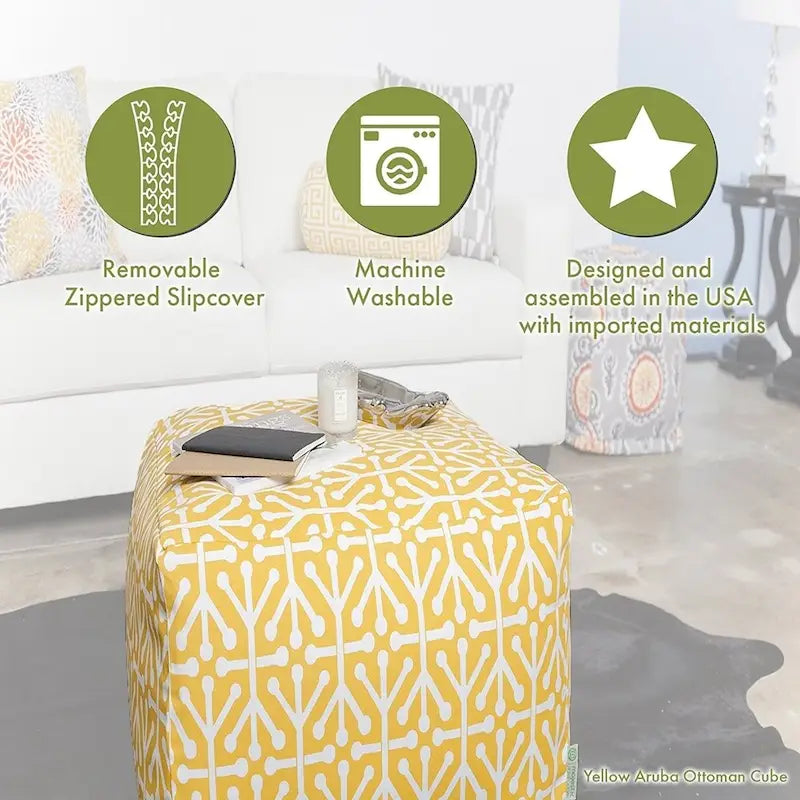 Pouf/Cubo Ottomano da Interno/Esterno con Rivestimento Rimovibile Lavabile – Arancione Bruciato / Nero / Salvia / Cioccolato, Singolo