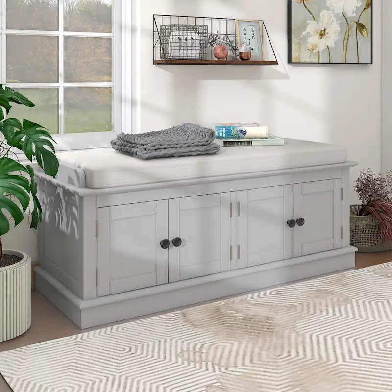 Panca contenitore a 4 ante con cuscino rimovibile in lino e ripiani regolabili – Grigio lavato / Blu marino anticato / Bianco / Espresso, Singola