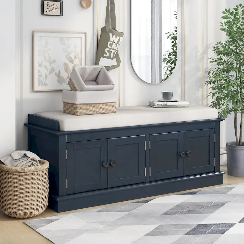 Panca contenitore a 4 ante con cuscino rimovibile in lino e ripiani regolabili – Grigio lavato / Blu marino anticato / Bianco / Espresso, Singola