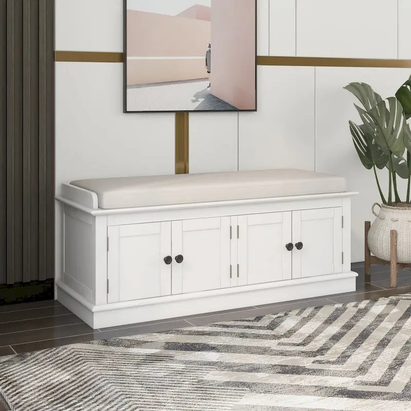 Panca contenitore a 4 ante con cuscino rimovibile in lino e ripiani regolabili – Grigio lavato / Blu marino anticato / Bianco / Espresso, Singola