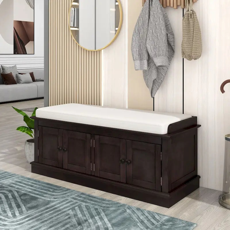Panca contenitore a 4 ante con cuscino rimovibile in lino e ripiani regolabili – Grigio lavato / Blu marino anticato / Bianco / Espresso, Singola