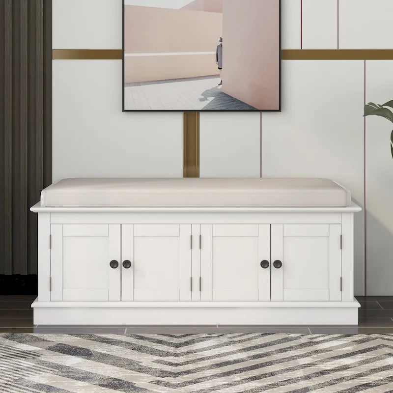 Panca contenitore a 4 ante con cuscino rimovibile in lino e ripiani regolabili – Grigio lavato / Blu marino anticato / Bianco / Espresso, Singola