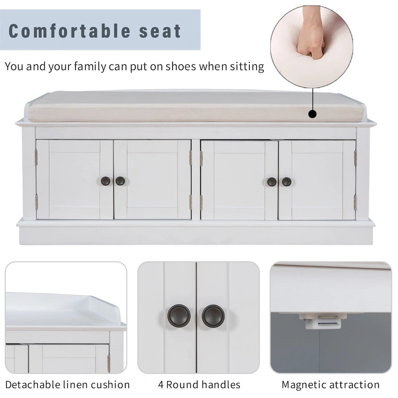 Panca contenitore a 4 ante con cuscino rimovibile in lino e ripiani regolabili – Grigio lavato / Blu marino anticato / Bianco / Espresso, Singola