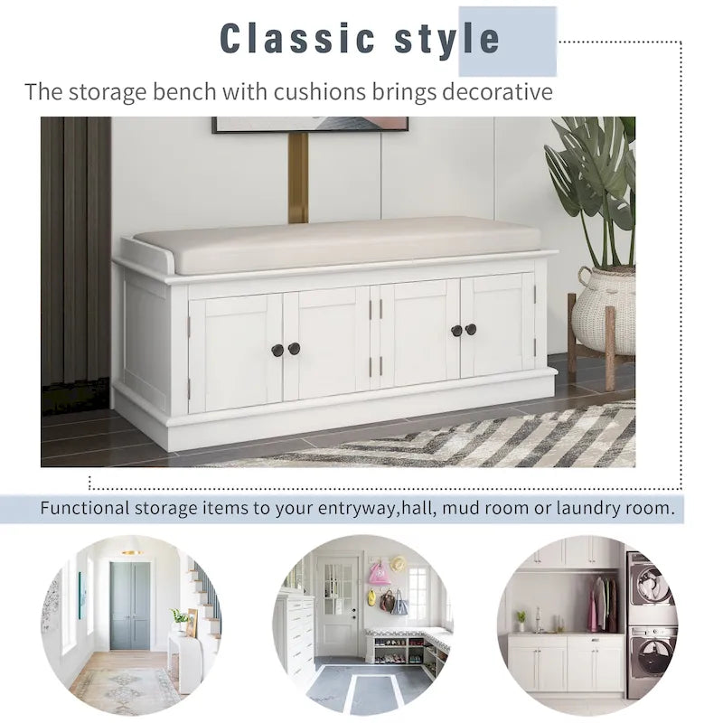 Panca contenitore a 4 ante con cuscino rimovibile in lino e ripiani regolabili – Grigio lavato / Blu marino anticato / Bianco / Espresso, Singola