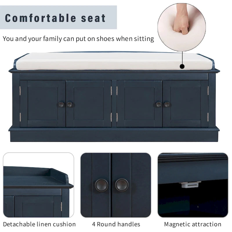 Panca contenitore a 4 ante con cuscino rimovibile in lino e ripiani regolabili – Grigio lavato / Blu marino anticato / Bianco / Espresso, Singola