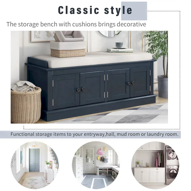 Panca contenitore a 4 ante con cuscino rimovibile in lino e ripiani regolabili – Grigio lavato / Blu marino anticato / Bianco / Espresso, Singola