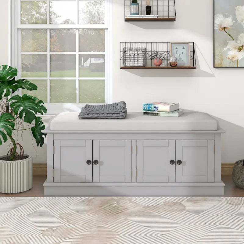 Panca contenitore a 4 ante con cuscino rimovibile in lino e ripiani regolabili – Grigio lavato / Blu marino anticato / Bianco / Espresso, Singola