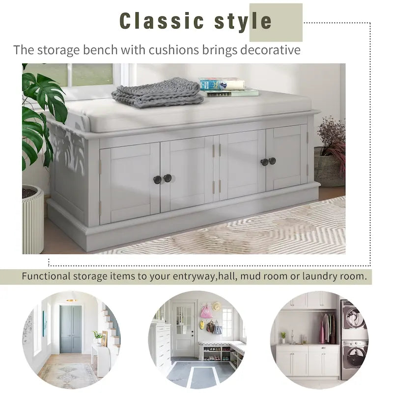 Panca contenitore a 4 ante con cuscino rimovibile in lino e ripiani regolabili – Grigio lavato / Blu marino anticato / Bianco / Espresso, Singola