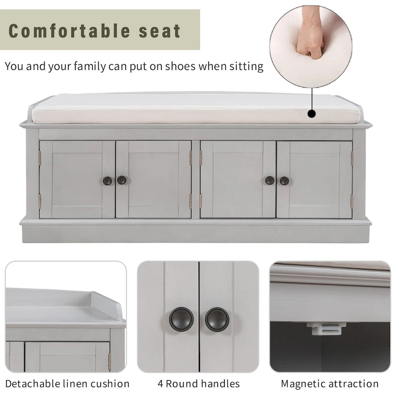 Panca contenitore a 4 ante con cuscino rimovibile in lino e ripiani regolabili – Grigio lavato / Blu marino anticato / Bianco / Espresso, Singola