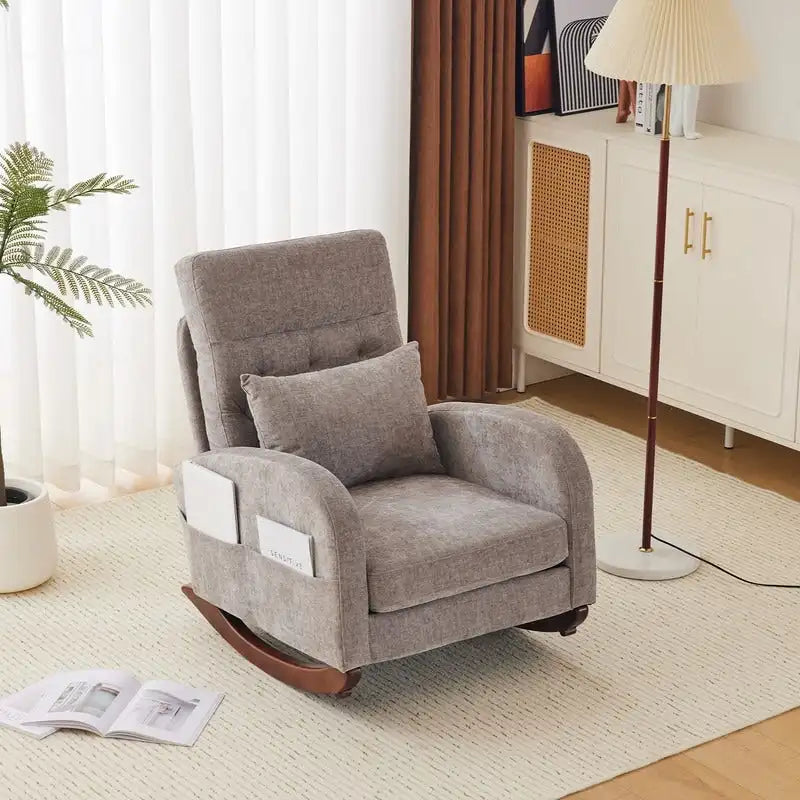 Sedia a Dondolo Imbottita con Schienale Alto, Tasche Laterali e Cuscino Lombare – Beige / Grigio / Bianco / Verde / Rosa / Blu, Singola