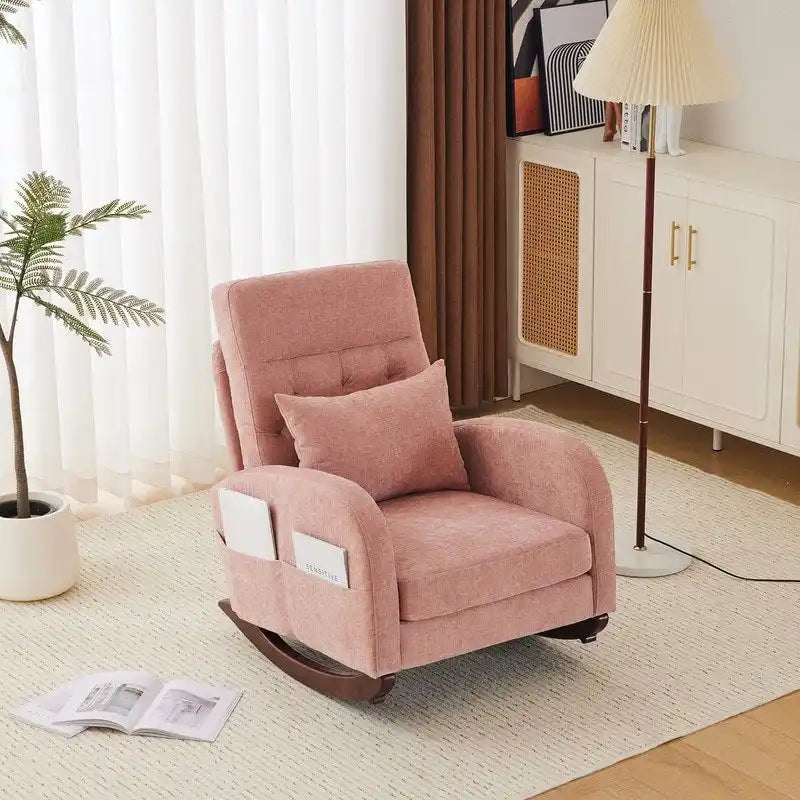 Sedia a Dondolo Imbottita con Schienale Alto, Tasche Laterali e Cuscino Lombare – Beige / Grigio / Bianco / Verde / Rosa / Blu, Singola