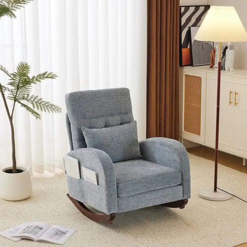 Sedia a Dondolo Imbottita con Schienale Alto, Tasche Laterali e Cuscino Lombare – Beige / Grigio / Bianco / Verde / Rosa / Blu, Singola