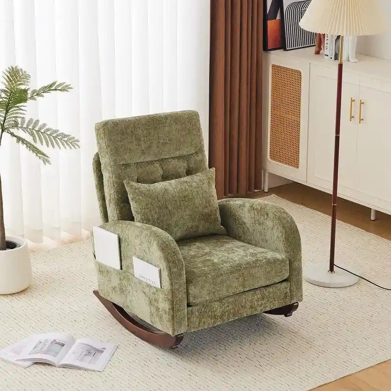 Sedia a Dondolo Imbottita con Schienale Alto, Tasche Laterali e Cuscino Lombare – Beige / Grigio / Bianco / Verde / Rosa / Blu, Singola
