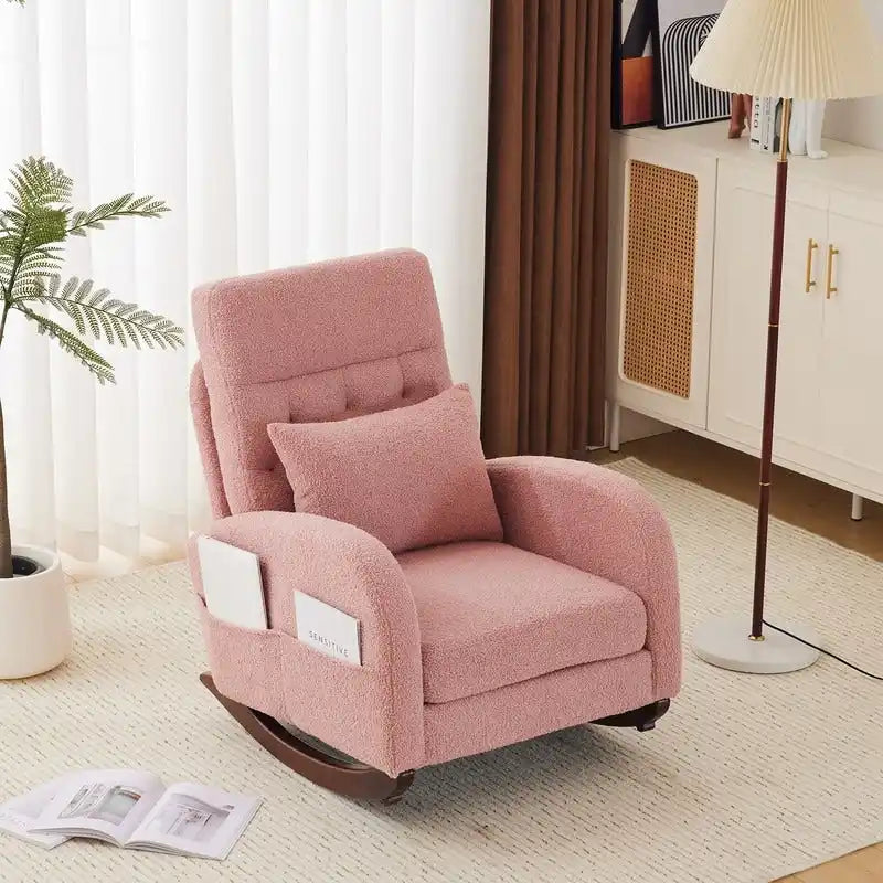Sedia a Dondolo Imbottita con Schienale Alto, Tasche Laterali e Cuscino Lombare – Beige / Grigio / Bianco / Verde / Rosa / Blu, Singola