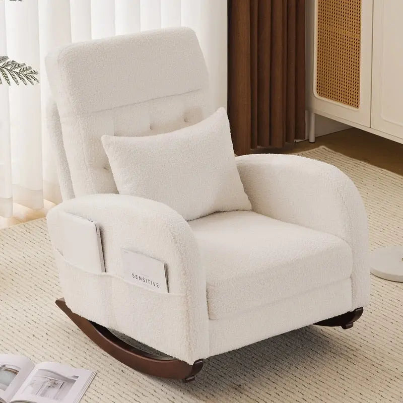 Sedia a Dondolo Imbottita con Schienale Alto, Tasche Laterali e Cuscino Lombare – Beige / Grigio / Bianco / Verde / Rosa / Blu, Singola