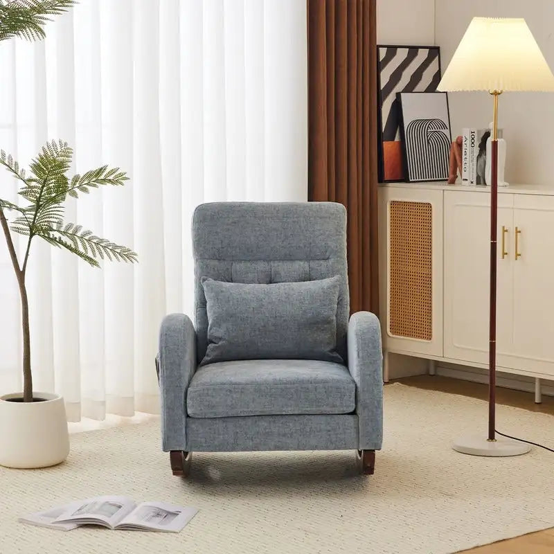 Sedia a Dondolo Imbottita con Schienale Alto, Tasche Laterali e Cuscino Lombare – Beige / Grigio / Bianco / Verde / Rosa / Blu, Singola