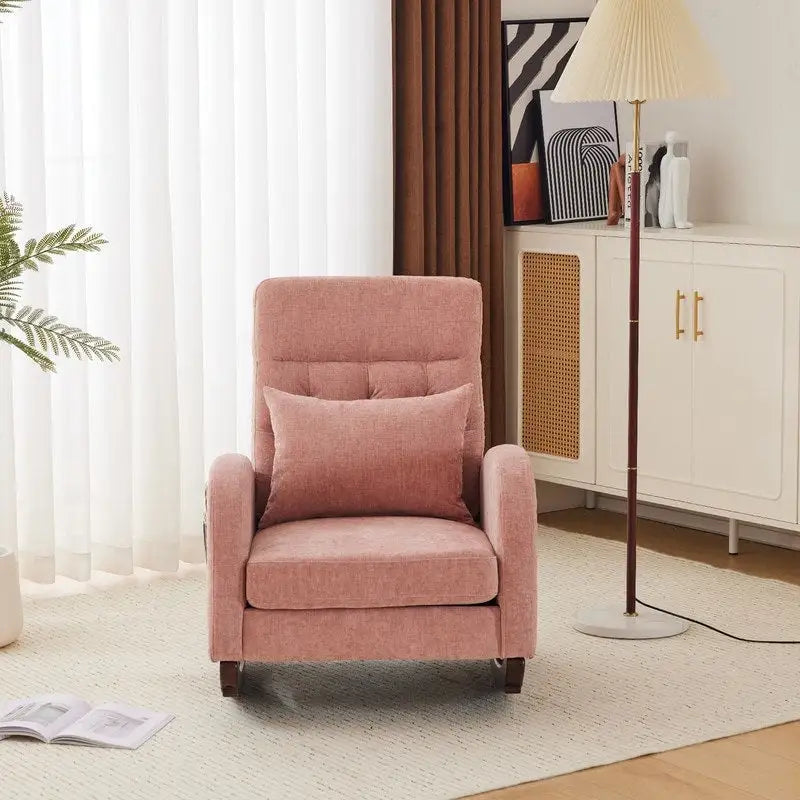 Sedia a Dondolo Imbottita con Schienale Alto, Tasche Laterali e Cuscino Lombare – Beige / Grigio / Bianco / Verde / Rosa / Blu, Singola