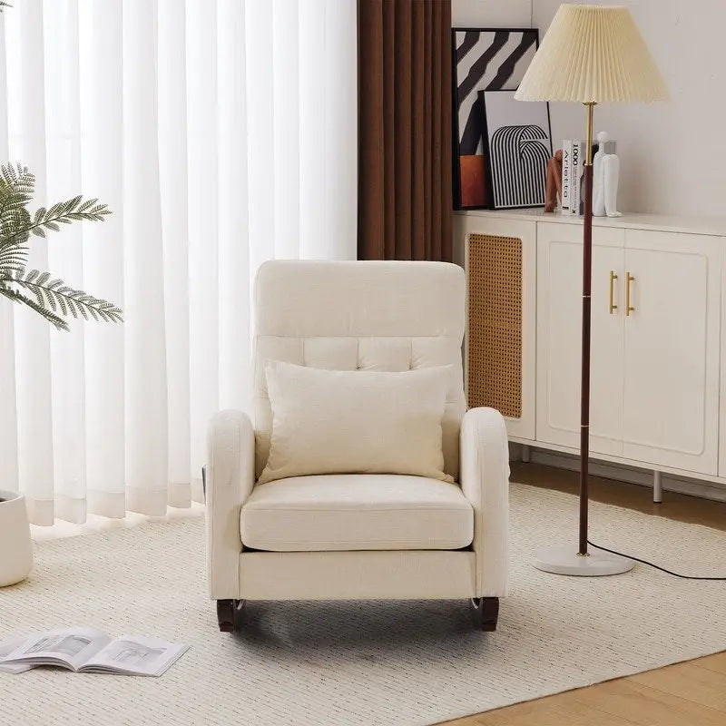 Sedia a Dondolo Imbottita con Schienale Alto, Tasche Laterali e Cuscino Lombare – Beige / Grigio / Bianco / Verde / Rosa / Blu, Singola
