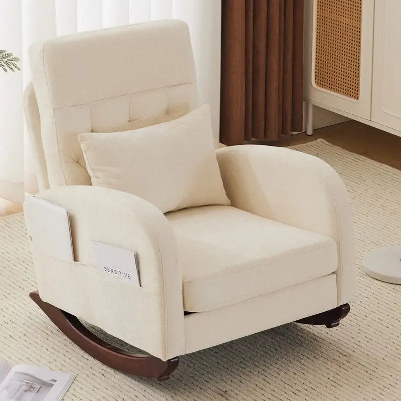 Sedia a Dondolo Imbottita con Schienale Alto, Tasche Laterali e Cuscino Lombare – Beige / Grigio / Bianco / Verde / Rosa / Blu, Singola
