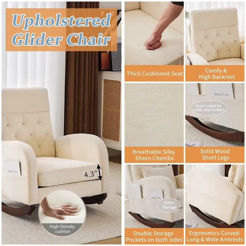 Sedia a Dondolo Imbottita con Schienale Alto, Tasche Laterali e Cuscino Lombare – Beige / Grigio / Bianco / Verde / Rosa / Blu, Singola