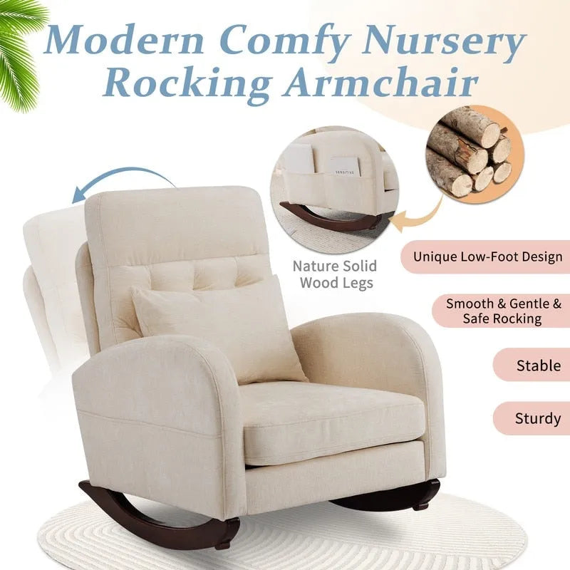 Sedia a Dondolo Imbottita con Schienale Alto, Tasche Laterali e Cuscino Lombare – Beige / Grigio / Bianco / Verde / Rosa / Blu, Singola