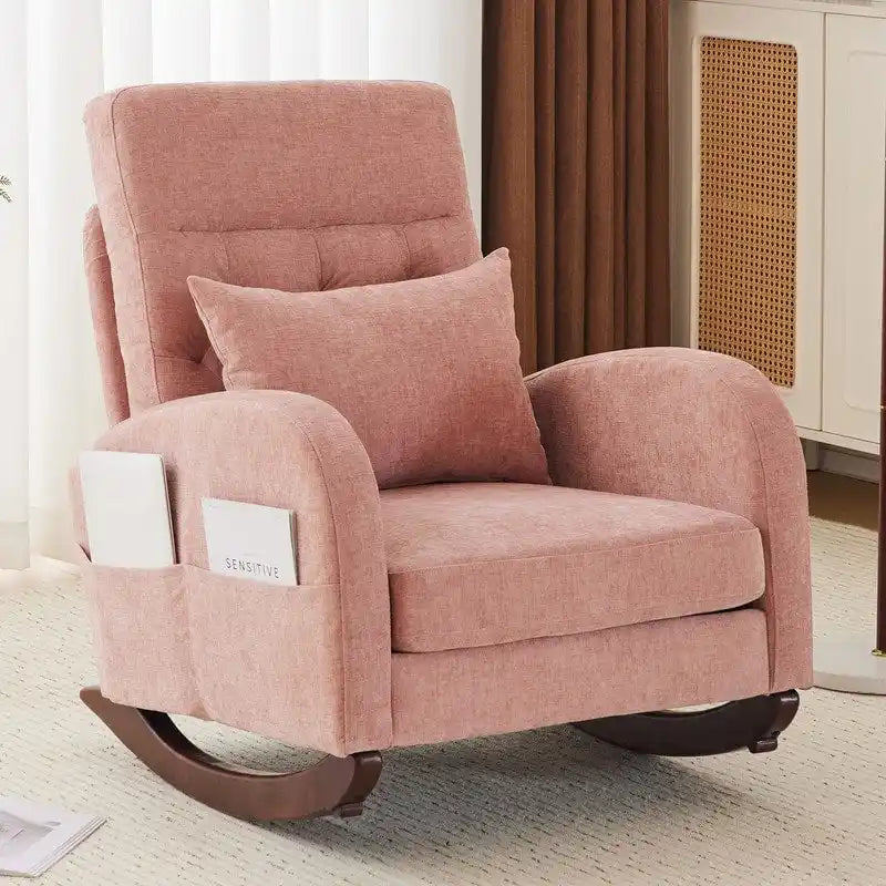 Sedia a Dondolo Imbottita con Schienale Alto, Tasche Laterali e Cuscino Lombare – Beige / Grigio / Bianco / Verde / Rosa / Blu, Singola