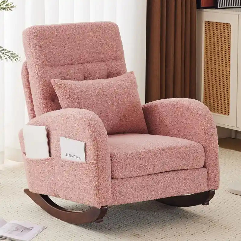Sedia a Dondolo Imbottita con Schienale Alto, Tasche Laterali e Cuscino Lombare – Beige / Grigio / Bianco / Verde / Rosa / Blu, Singola
