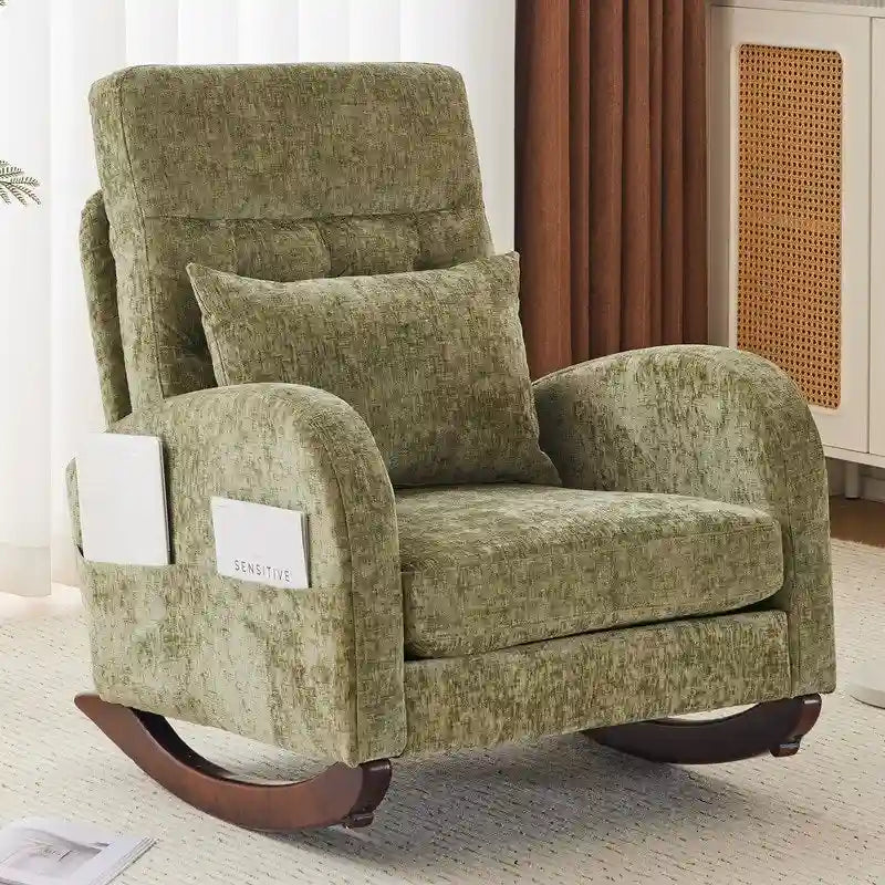 Sedia a Dondolo Imbottita con Schienale Alto, Tasche Laterali e Cuscino Lombare – Beige / Grigio / Bianco / Verde / Rosa / Blu, Singola