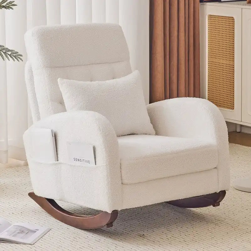 Sedia a Dondolo Imbottita con Schienale Alto, Tasche Laterali e Cuscino Lombare – Beige / Grigio / Bianco / Verde / Rosa / Blu, Singola