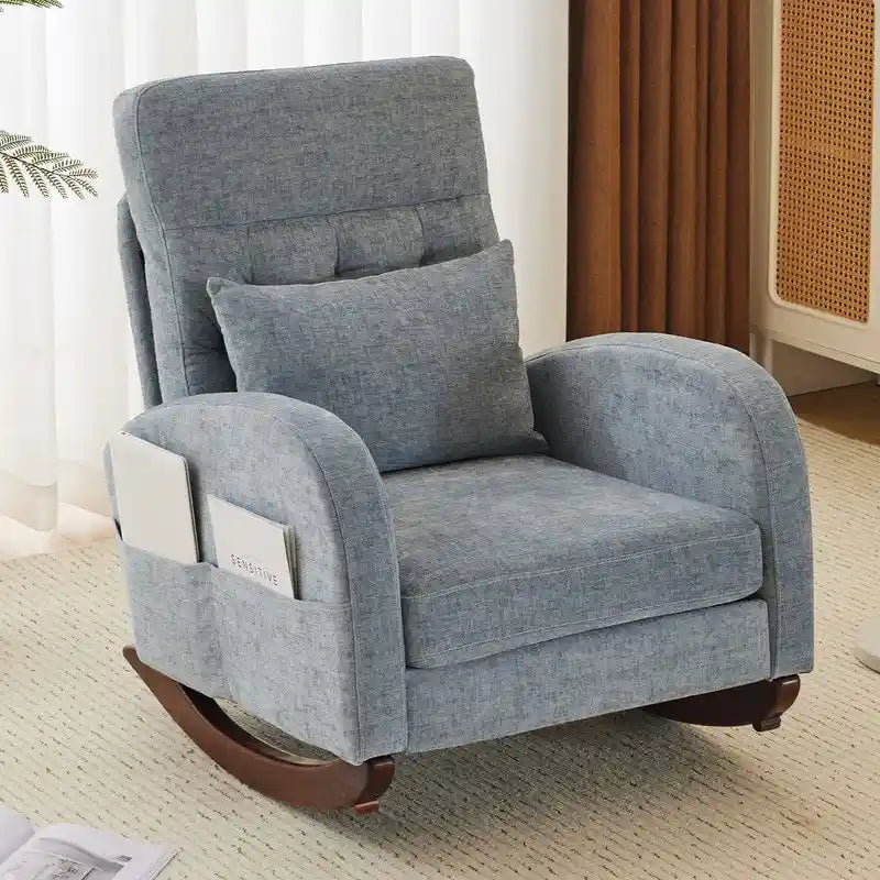 Sedia a Dondolo Imbottita con Schienale Alto, Tasche Laterali e Cuscino Lombare – Beige / Grigio / Bianco / Verde / Rosa / Blu, Singola
