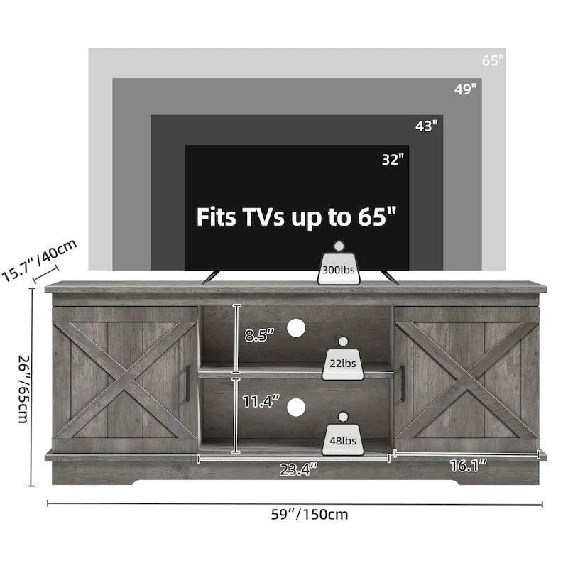 Mobile TV rustico con ante scorrevoli – Disponibile in vari colori, unità singola, adatto per TV fino a 65"