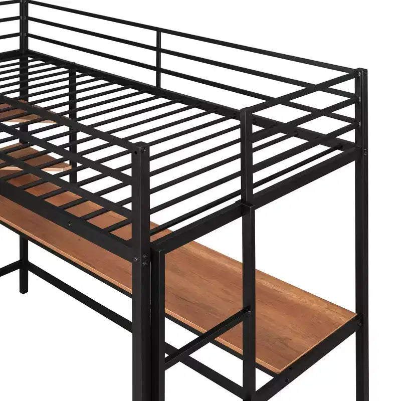 Letto a soppalco in metallo matrimoniale/una piazza e mezzo con scrivania e mensole - ModernLuxe