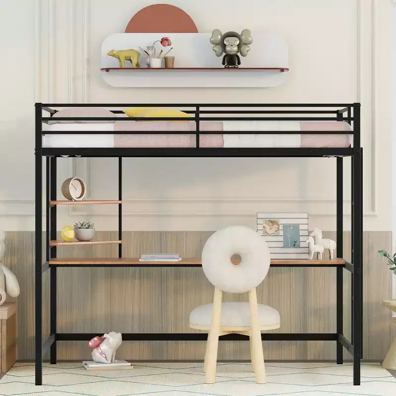 Letto a soppalco in metallo matrimoniale/una piazza e mezzo con scrivania e mensole - ModernLuxe