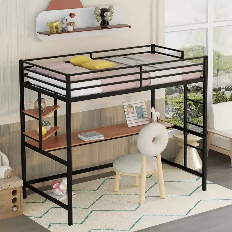 Letto a soppalco in metallo matrimoniale/una piazza e mezzo con scrivania e mensole - ModernLuxe