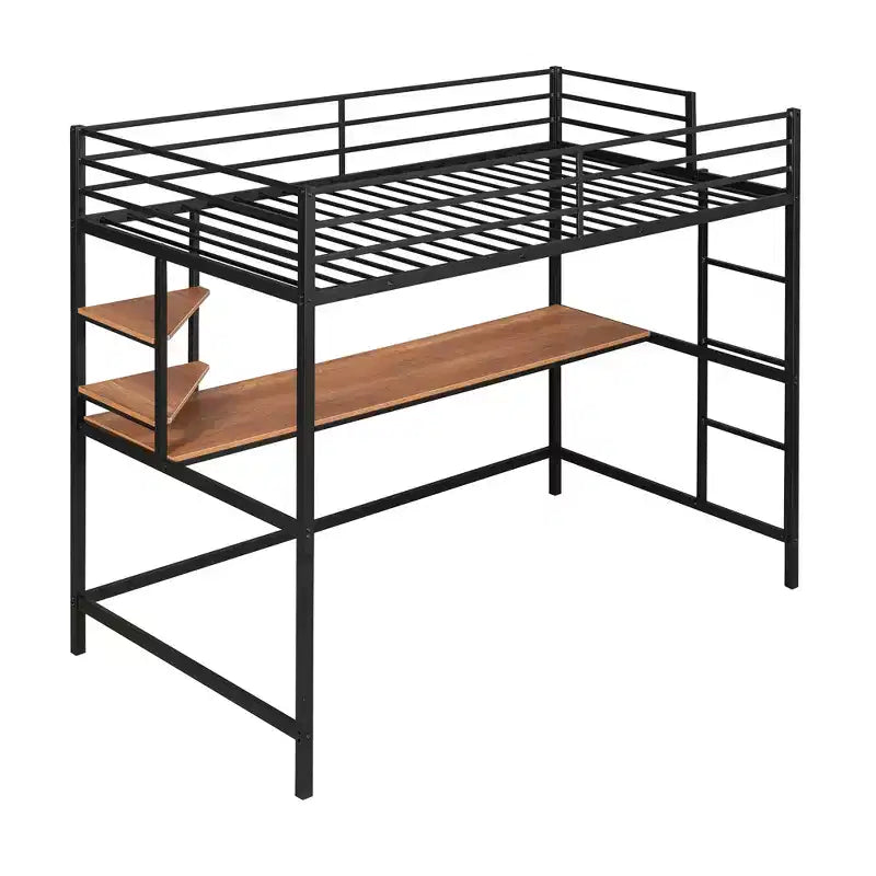 Letto a soppalco in metallo matrimoniale/una piazza e mezzo con scrivania e mensole - ModernLuxe