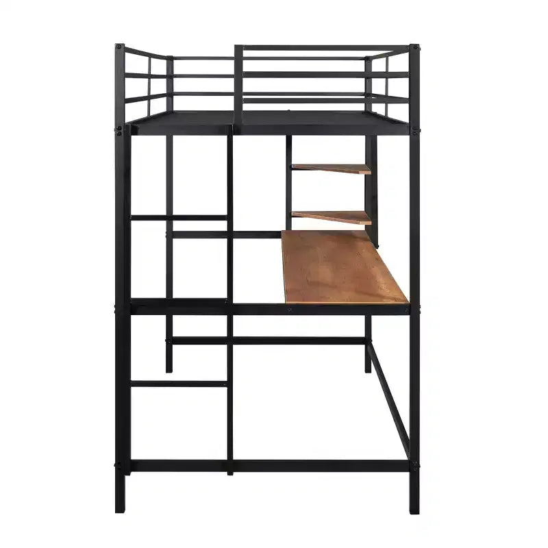 Letto a soppalco in metallo matrimoniale/una piazza e mezzo con scrivania e mensole - ModernLuxe