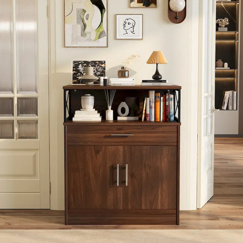 Madia credenza moderna con vani – Marrone scuro / Grigio / Bianco, singola