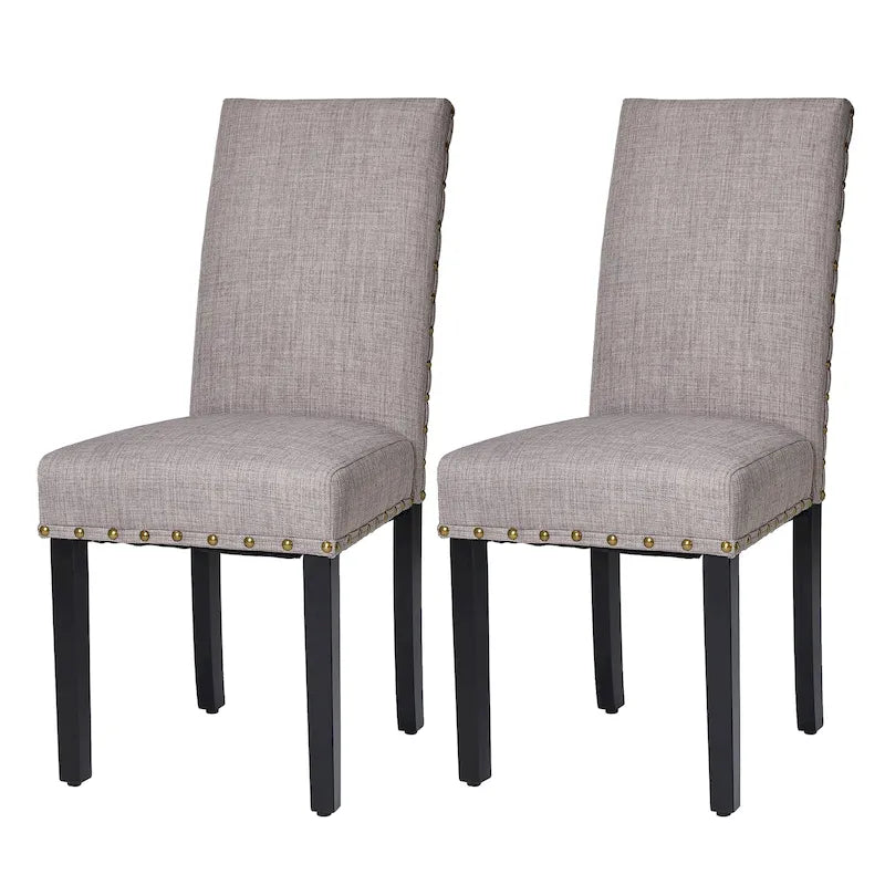 Sedie da pranzo con schienale alto in tessuto di lino e borchie decorative – Grigio / Bianco Crema / Marrone Chiaro