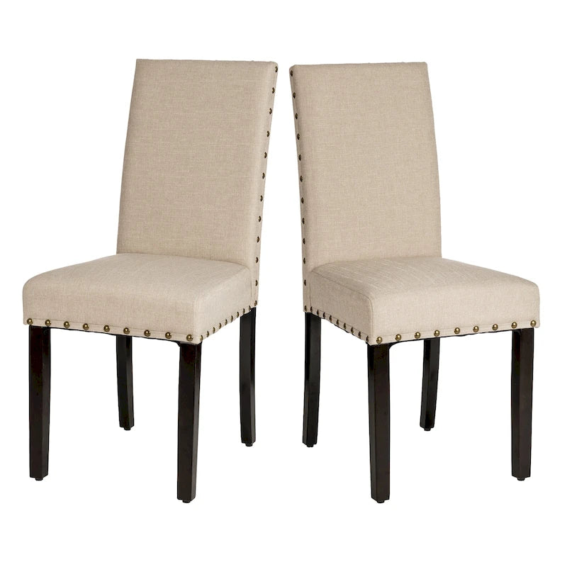 Sedie da pranzo con schienale alto in tessuto di lino e borchie decorative – Grigio / Bianco Crema / Marrone Chiaro
