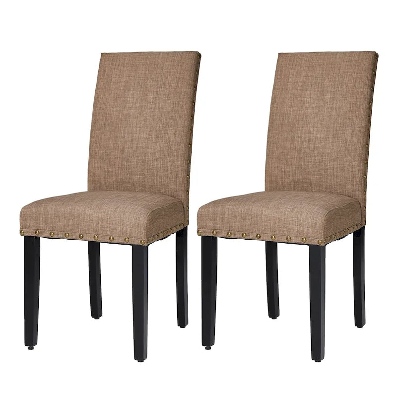 Sedie da pranzo con schienale alto in tessuto di lino e borchie decorative – Grigio / Bianco Crema / Marrone Chiaro
