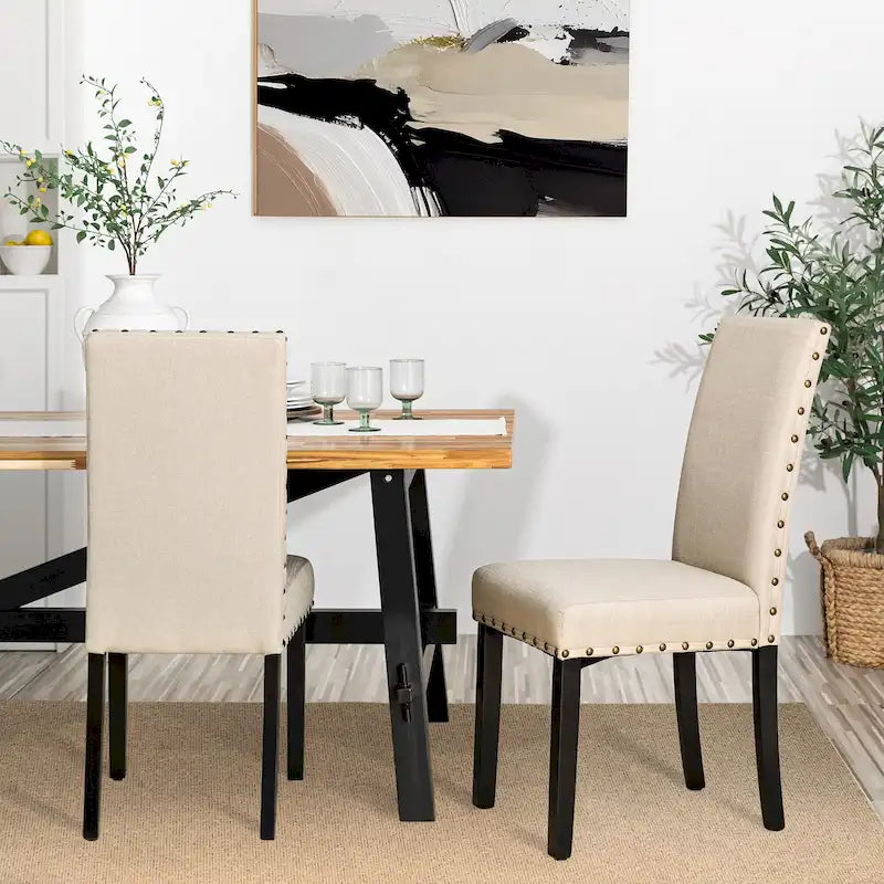Sedie da pranzo con schienale alto in tessuto di lino e borchie decorative – Grigio / Bianco Crema / Marrone Chiaro