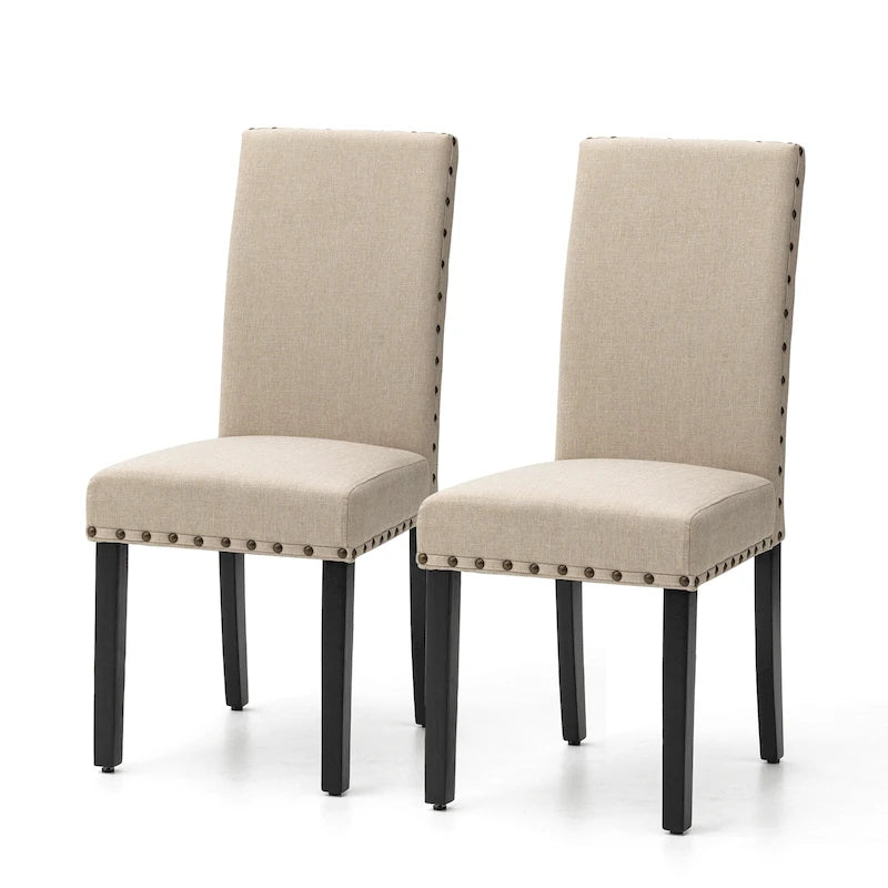 Sedie da pranzo con schienale alto in tessuto di lino e borchie decorative – Grigio / Bianco Crema / Marrone Chiaro