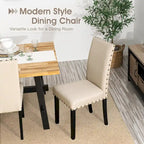 Sedie da pranzo con schienale alto in tessuto di lino e borchie decorative – Grigio / Bianco Crema / Marrone Chiaro