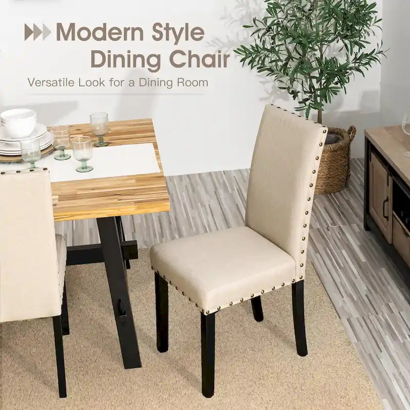 Sedie da pranzo con schienale alto in tessuto di lino e borchie decorative – Grigio / Bianco Crema / Marrone Chiaro