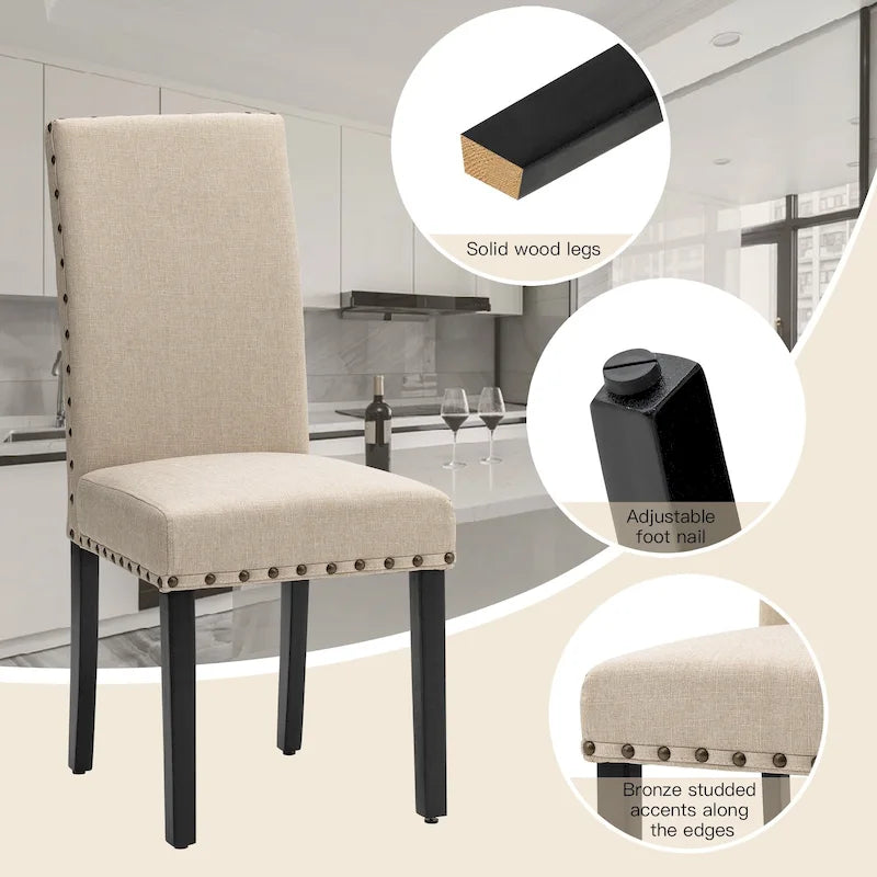 Sedie da pranzo con schienale alto in tessuto di lino e borchie decorative – Grigio / Bianco Crema / Marrone Chiaro