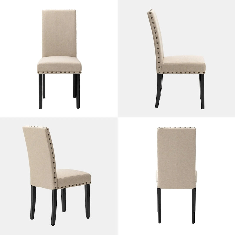 Sedie da pranzo con schienale alto in tessuto di lino e borchie decorative – Grigio / Bianco Crema / Marrone Chiaro