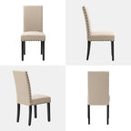 Sedie da pranzo con schienale alto in tessuto di lino e borchie decorative – Grigio / Bianco Crema / Marrone Chiaro