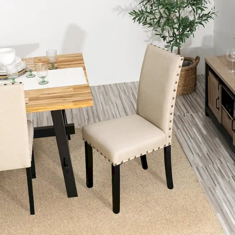 Sedie da pranzo con schienale alto in tessuto di lino e borchie decorative – Grigio / Bianco Crema / Marrone Chiaro