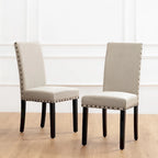 Sedie da pranzo con schienale alto in tessuto di lino e borchie decorative – Grigio / Bianco Crema / Marrone Chiaro