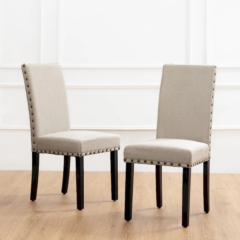 Sedie da pranzo con schienale alto in tessuto di lino e borchie decorative – Grigio / Bianco Crema / Marrone Chiaro